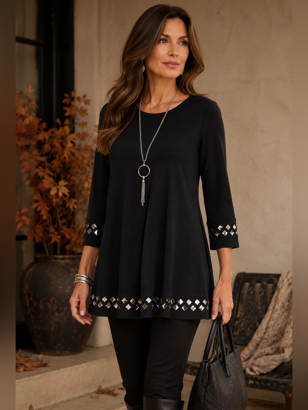IC COLLECTION CONNIE K BLACK SILVER EMBELLISHED ARTSY LAGENLOOK TRAVEL TOP SZ M